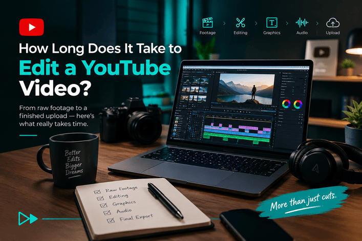 Video editing workspace with a laptop showing a timeline, under the headline How Long Does It Take to Edit a YouTube Video?